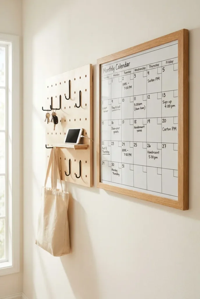 Wall-mounted home command center with pegboard, hooks and a framed dry-erase calendar