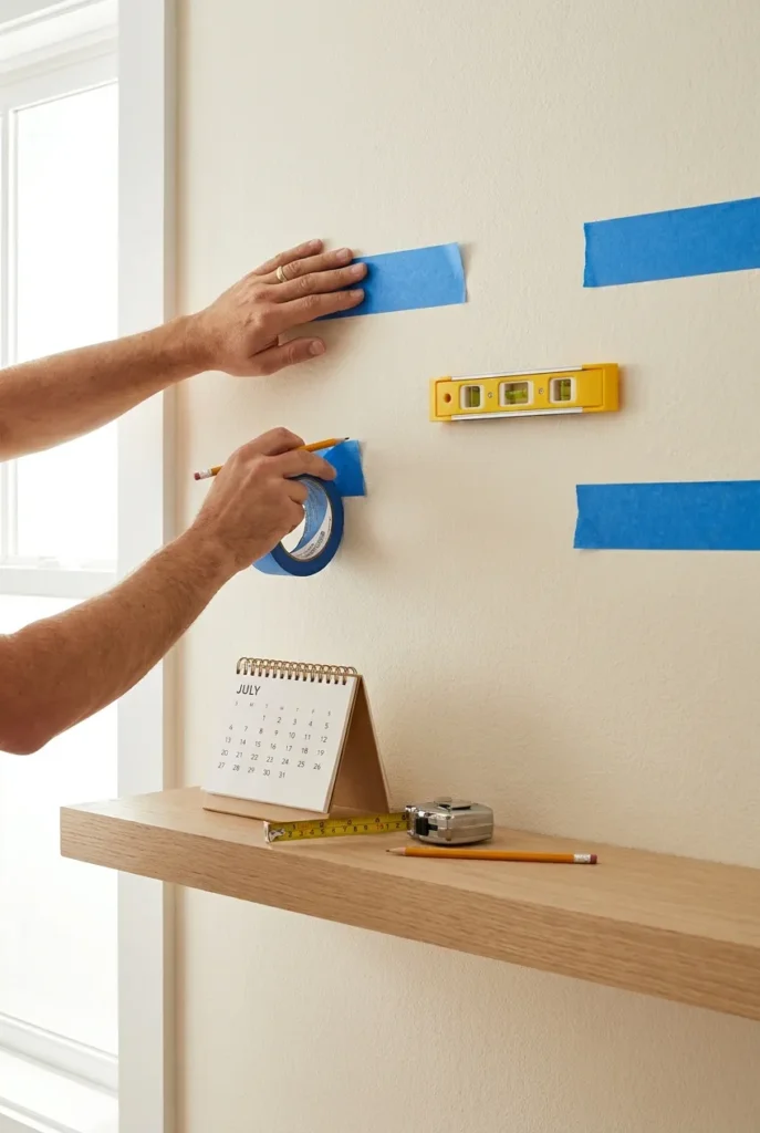 Planning a home command center layout with painter's tape rectangles on the wall before mounting