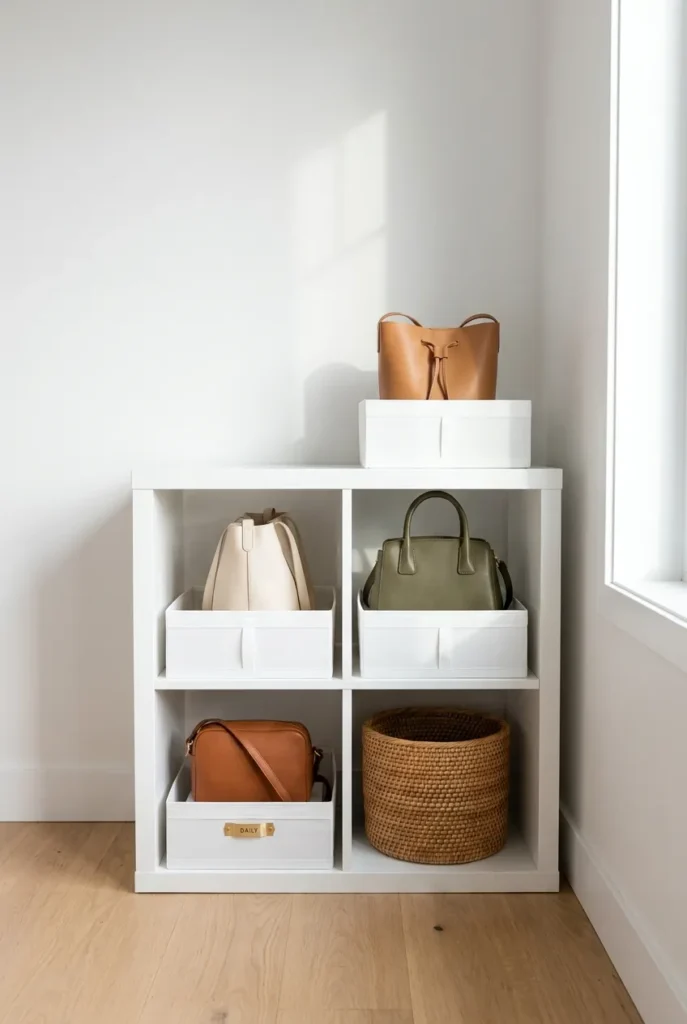 IKEA Skubb boxes inside Kallax cube shelf as purse storage ideas with bags standing upright like books