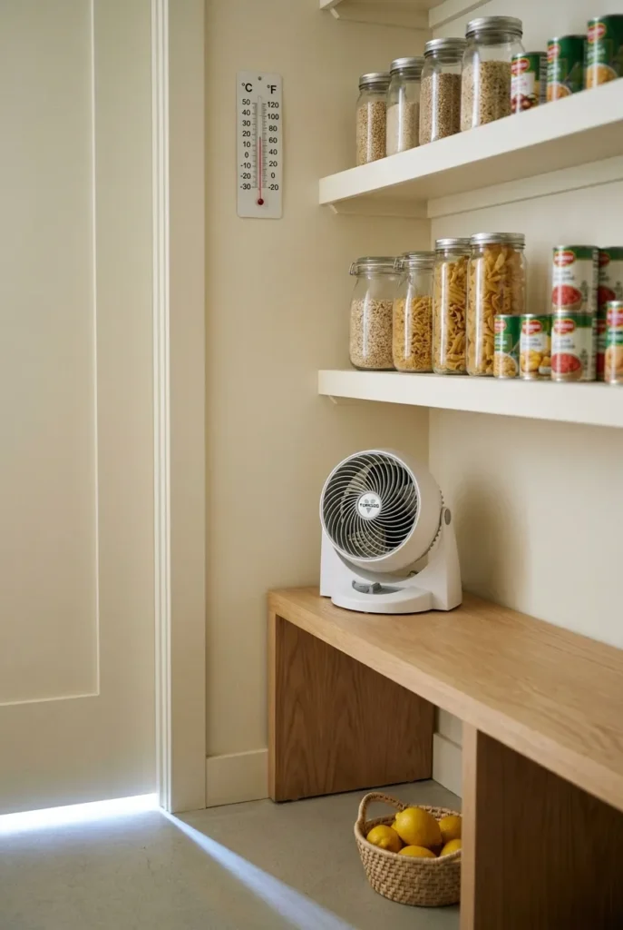 Small fan and analog thermometer inside a summer pantry to keep stored food cool.