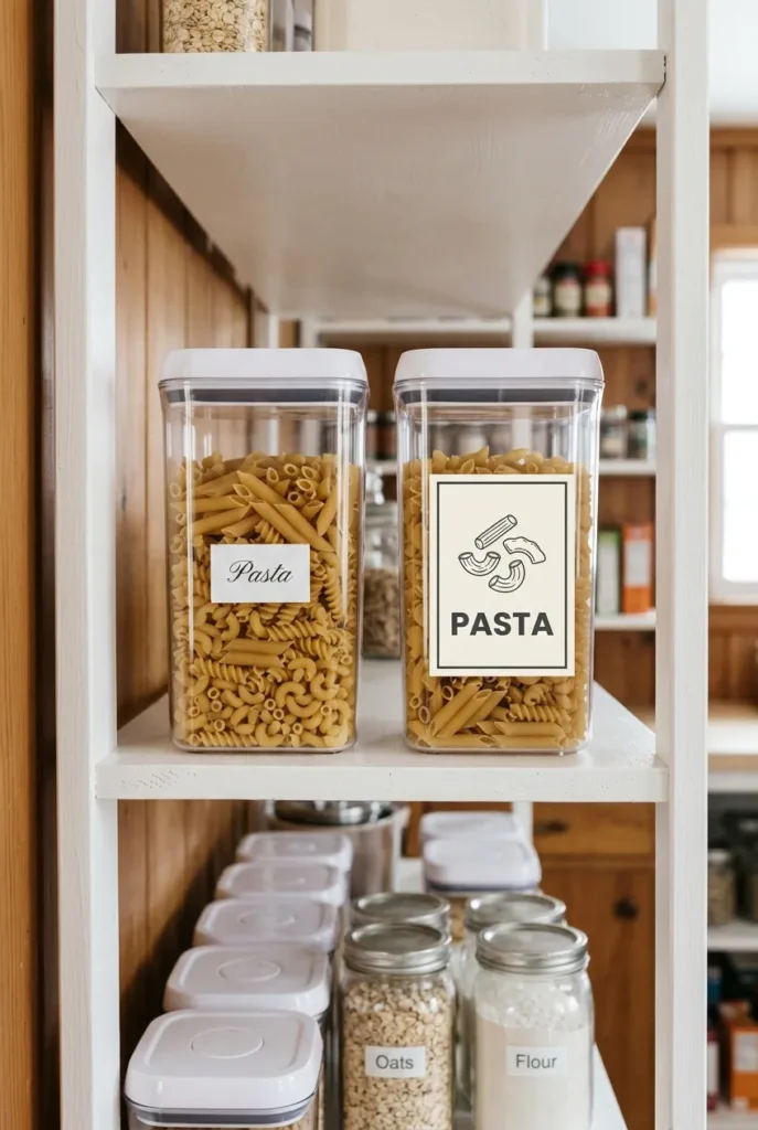 Adult-style thin script pantry label versus DIY pantry labels kids can read with bold font and food icon side by side