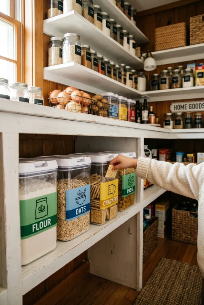 Kid-accessible pantry shelf at 18 to 36 inches from floor with DIY pantry labels kids can read on clear labeled bins