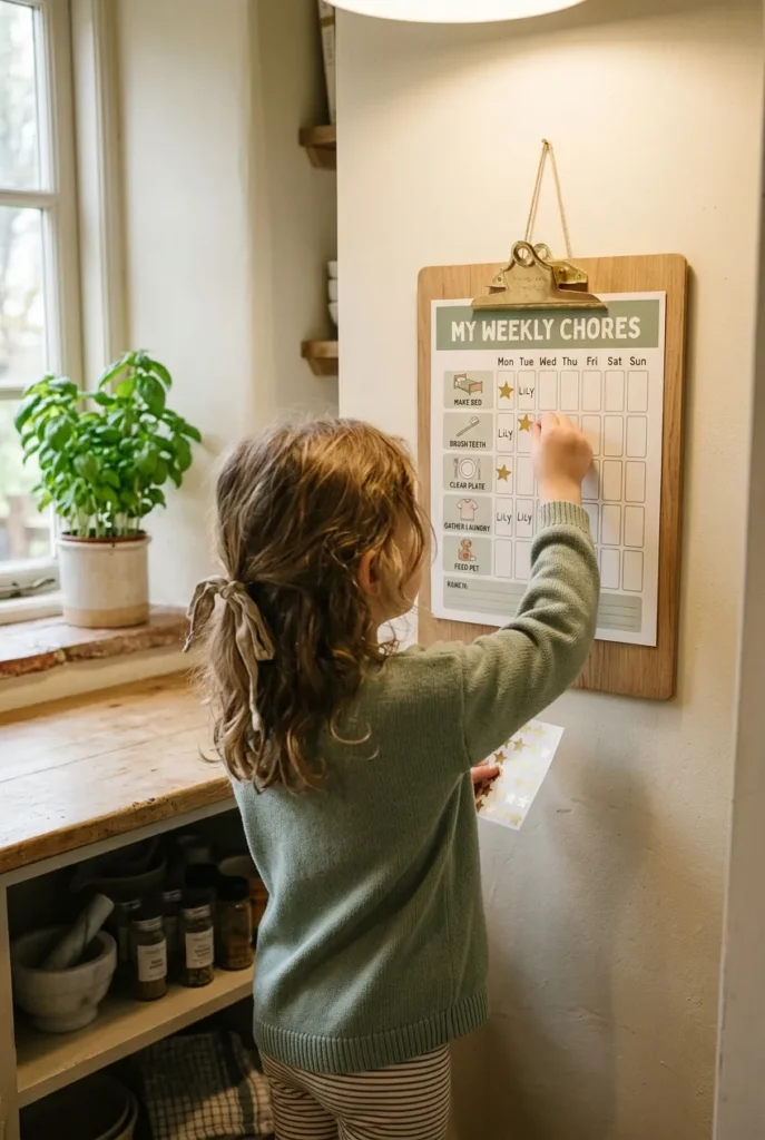 Kids chore chart printable on wood clipboard, child placing star sticker, warm organized kitchen wall