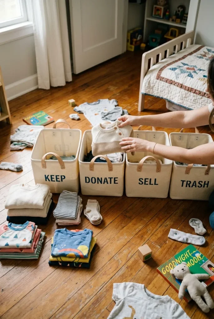 Kids closet organization declutter step with four sorting totes keep donate sell trash