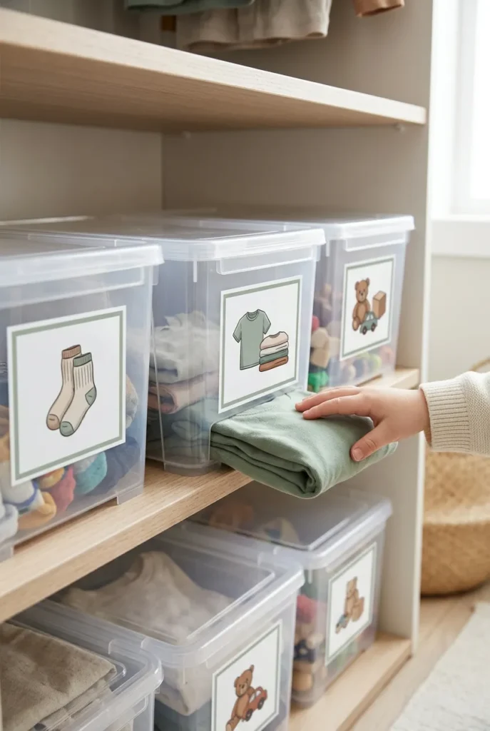 Picture labels on kids closet organization bins for preschoolers who cannot read yet