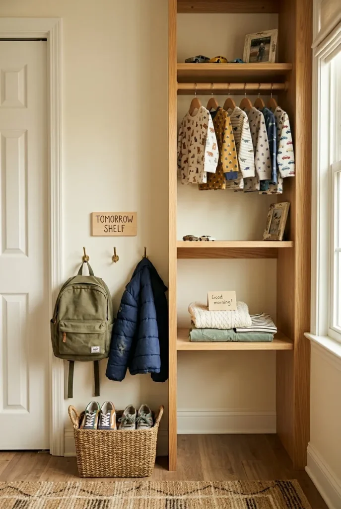 School-age kids closet organization with hooks, backpack, and a tomorrow outfit shelf