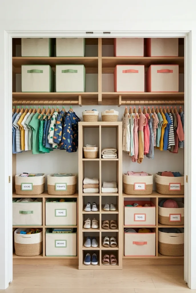 Shared kids closet organization divided by color zones for two siblings