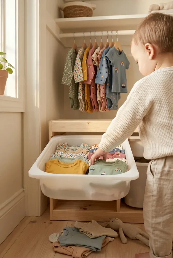 Toddler reaching low closet bin, kids closet organization at child height