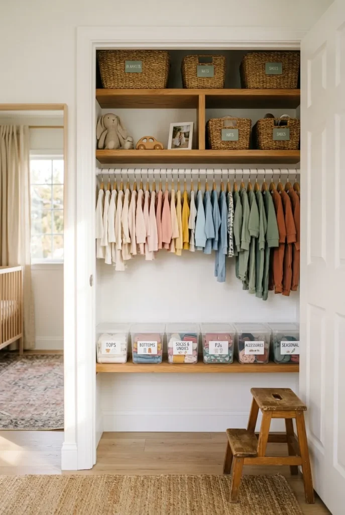 Kids closet organization with low rod and labeled bins at toddler height in soft light
