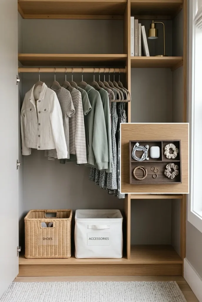 Tween kids closet organization with slim velvet hangers and text-only labels