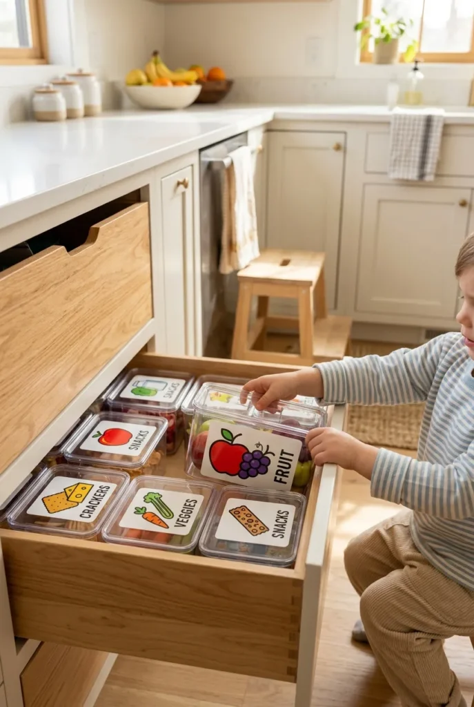 Kids snack drawer organization with picture labels a child can read and reach