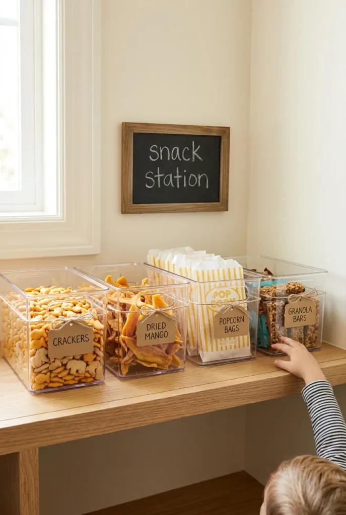 Low pantry shelf set as a kid summer snack station with labeled bins of crackers and dried fruit.