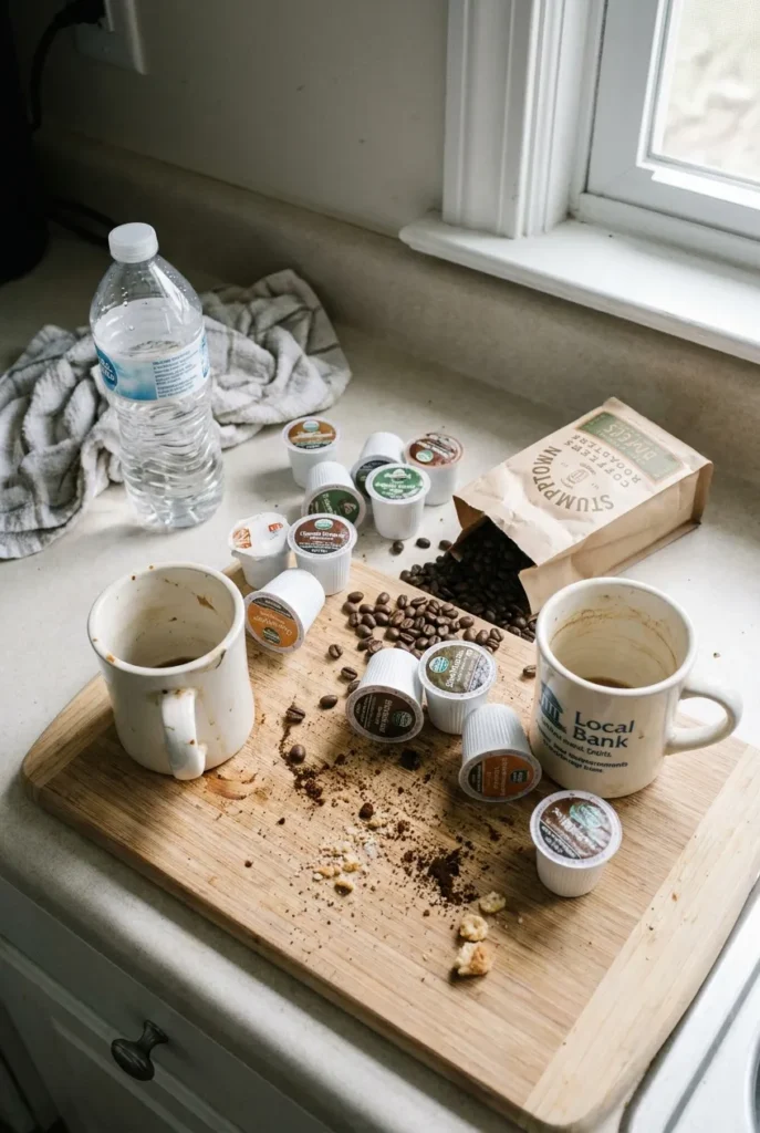 Cluttered coffee station before organization, scattered pods and open bean bag on counter