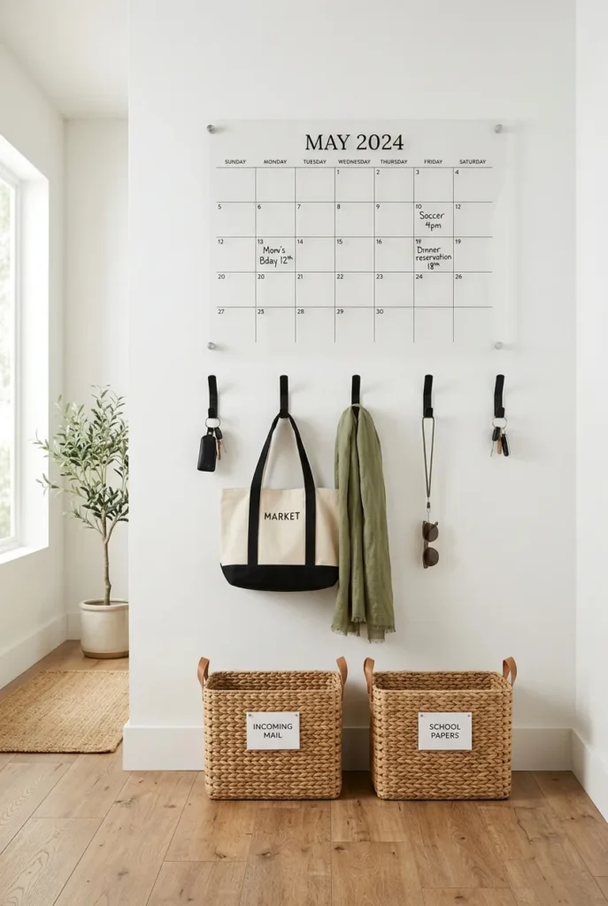 Modern family command center wall with acrylic calendar, black hooks, and matching woven baskets