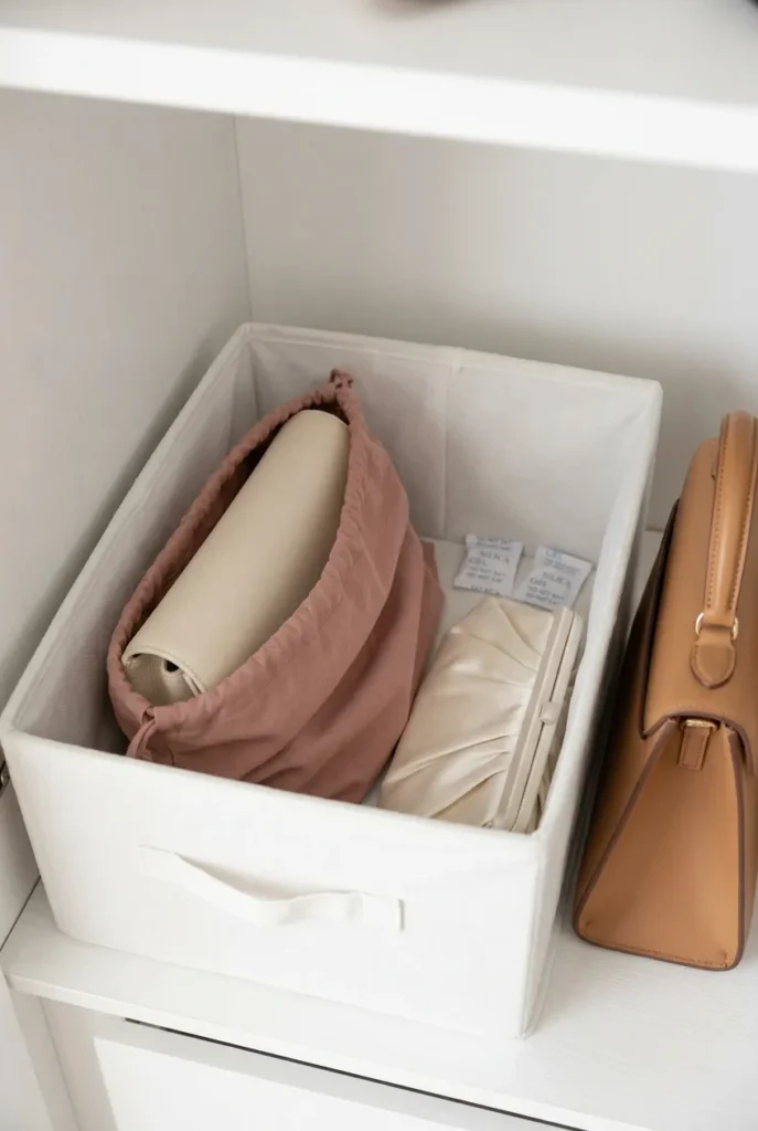 Mold prevention purse storage ideas showing dust bags, silica gel packets, and breathable fabric-lined bins