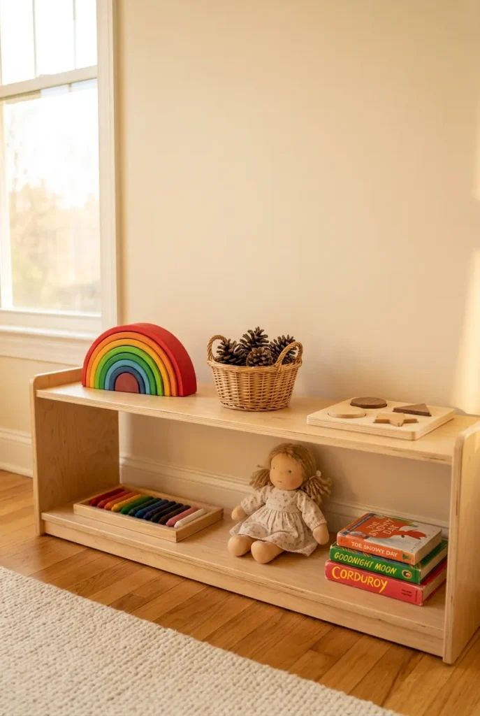 Montessori toy rotation shelf with six purposeful toys spaced in golden hour daylight