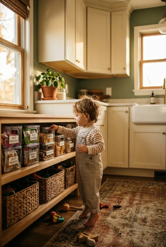 Snack station organization at child height with clear labeled bins in a cozy kitchen