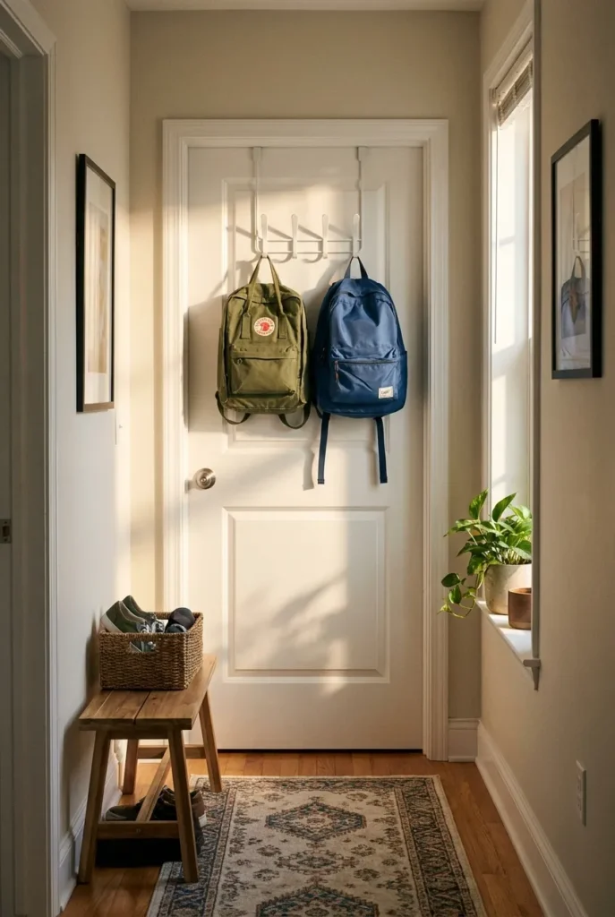 No-drill over-the-door backpack rack for renters in an apartment hallway