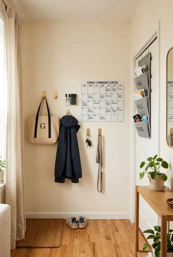 No-drill rental-friendly family command center wall with adhesive hooks and stick-on calendar