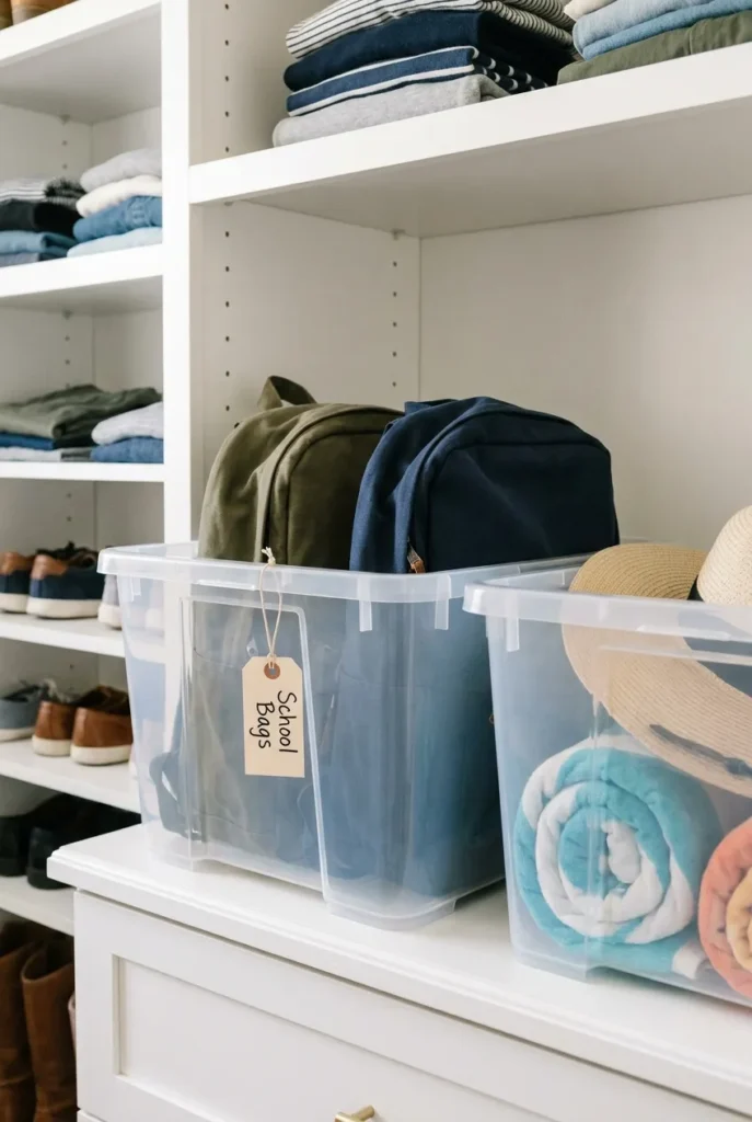 Off-season backpack storage in a labeled clear bin on a closet shelf for summer