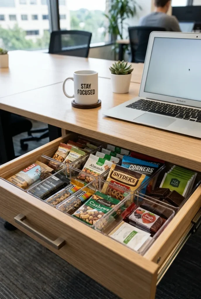 Office snack drawer organization with shelf-stable snacks in a divided organizer