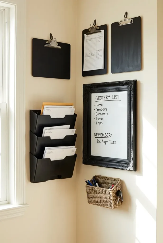 Budget home command center built with clipboards, a frame dry-erase board and a mail sorter