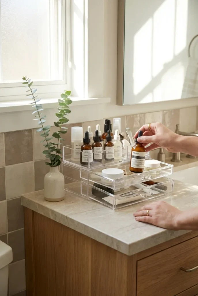 Returning skincare to its drawer in one motion, one touch rule decluttering in the bathroom