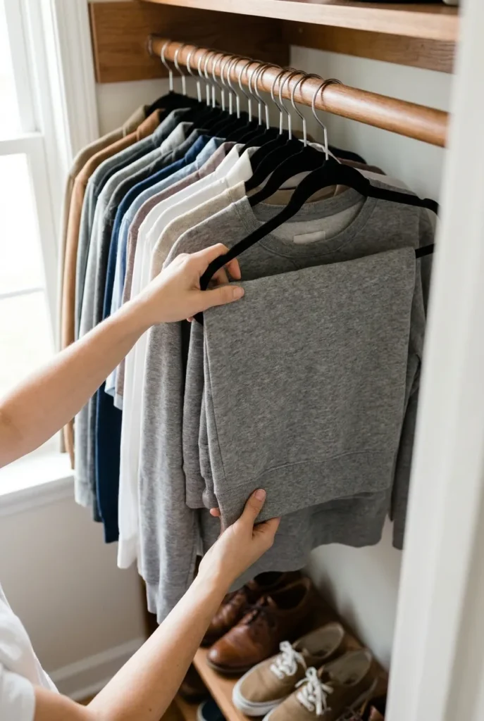 Hanging a sweatshirt in one motion, the core of one touch rule decluttering