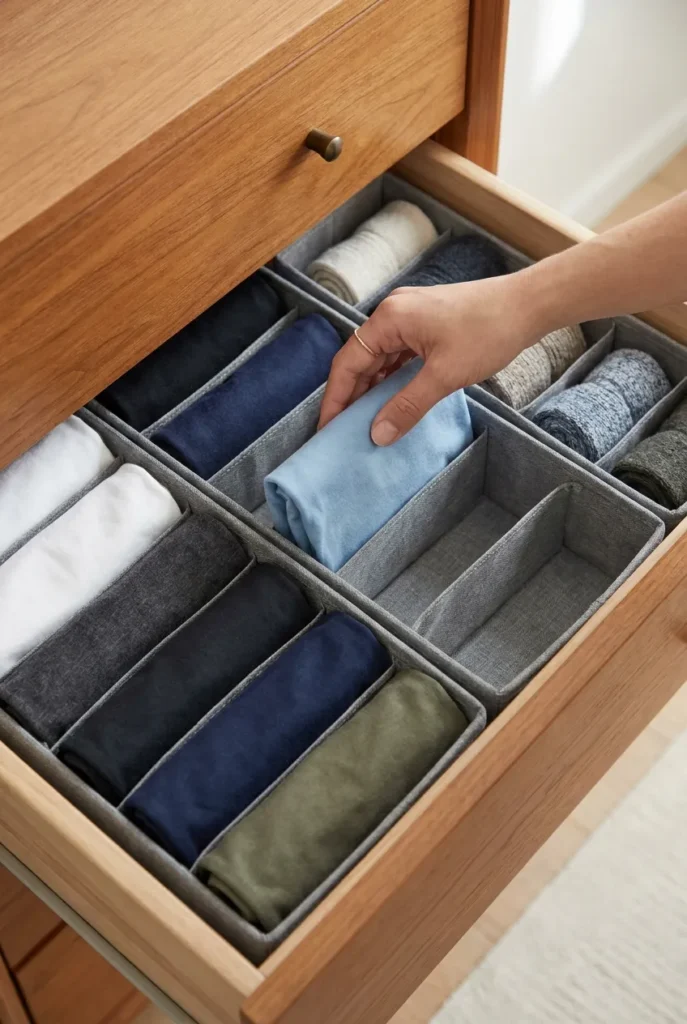 A divided drawer gives clothes a one touch home for decluttering a busy home