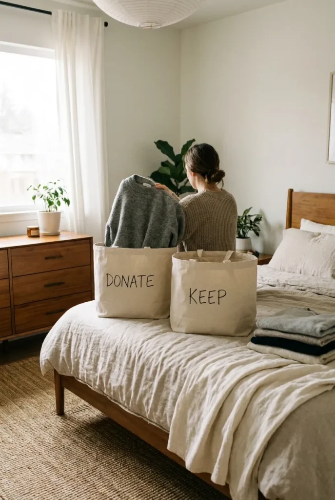 Sorting clothes into keep and donate totes supports the one in one out rule and decluttering