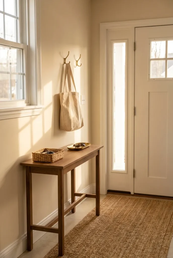 A three-second landing spot by the door supports one touch rule decluttering