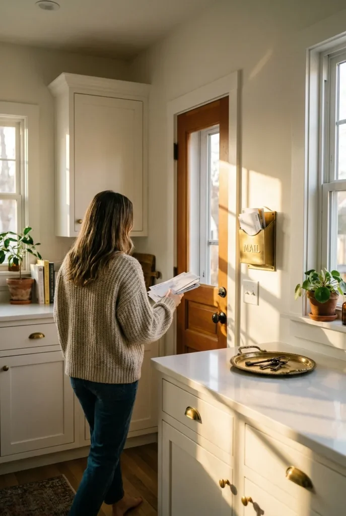 One touch rule decluttering in action, sorting mail straight into a wall slot in a clutter-free kitchen