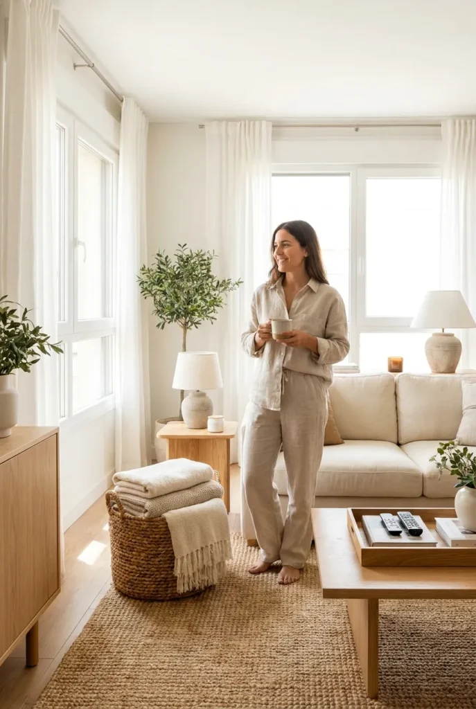 A calm clutter-free living room kept tidy through one touch rule decluttering