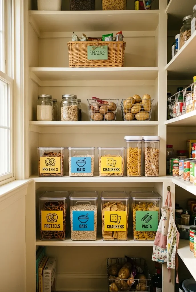 Organized family pantry with DIY pantry labels kids can read on low clear bins in warm afternoon light with OXO and Brightroom containers