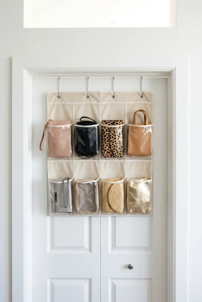 Over-the-door organizer as purse storage ideas for small spaces with clear pockets holding clutches and crossbody bags