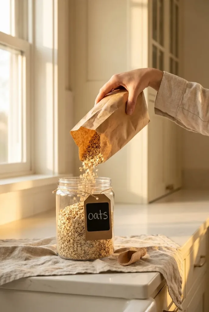 Hand decanting rolled oats into an OXO POP container for a summer pantry restock.