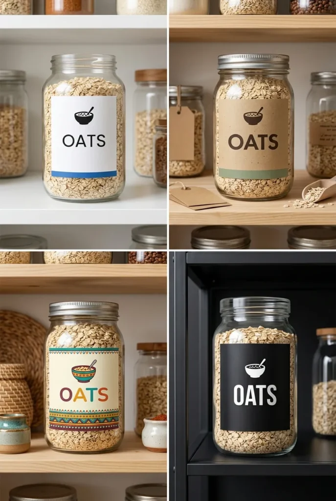 Four pantry label style options for DIY pantry labels kids can read including minimalist farmhouse boho and modern black