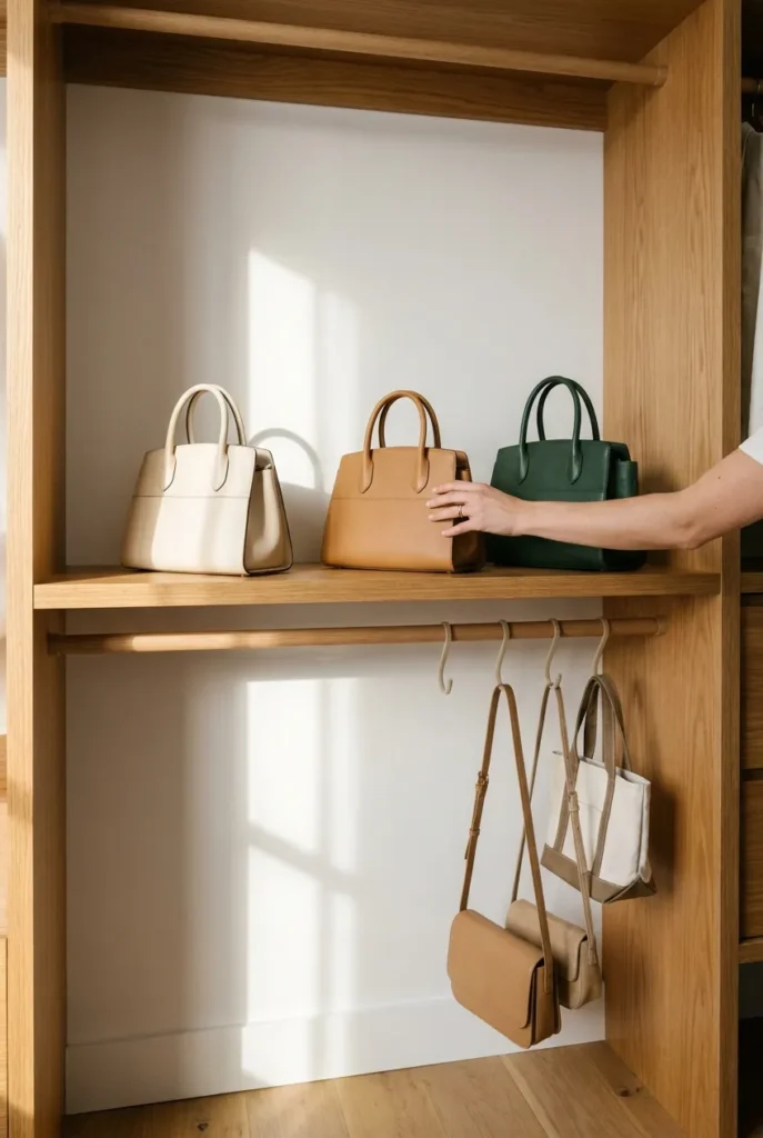 Purse storage ideas featuring organized closet with oak shelves, velvet hooks, and structured bags in morning light