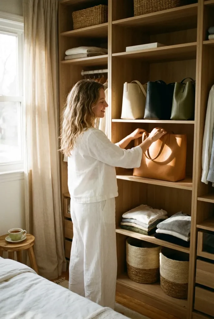 Woman reaching for purse from organized closet shelf in morning light representing effective purse storage ideas