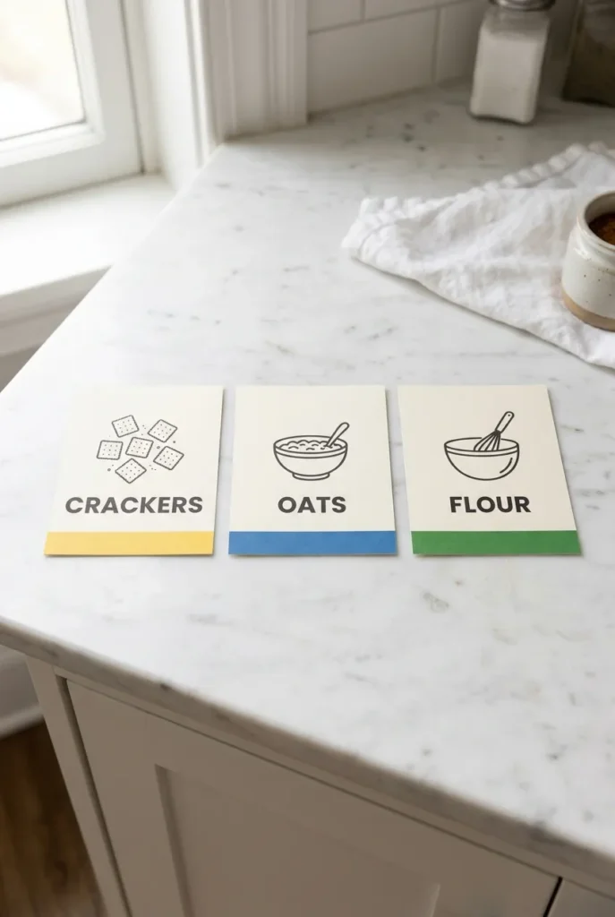 Three DIY pantry labels kids can read showing the Read-It-Yourself system with icon plus word plus color band on white flat-lay