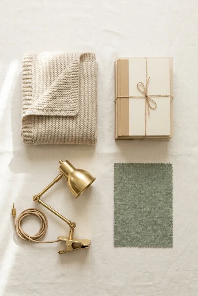 Reading nook small bedroom essentials flat lay showing seat fabric, lamp, throw, and book stack.