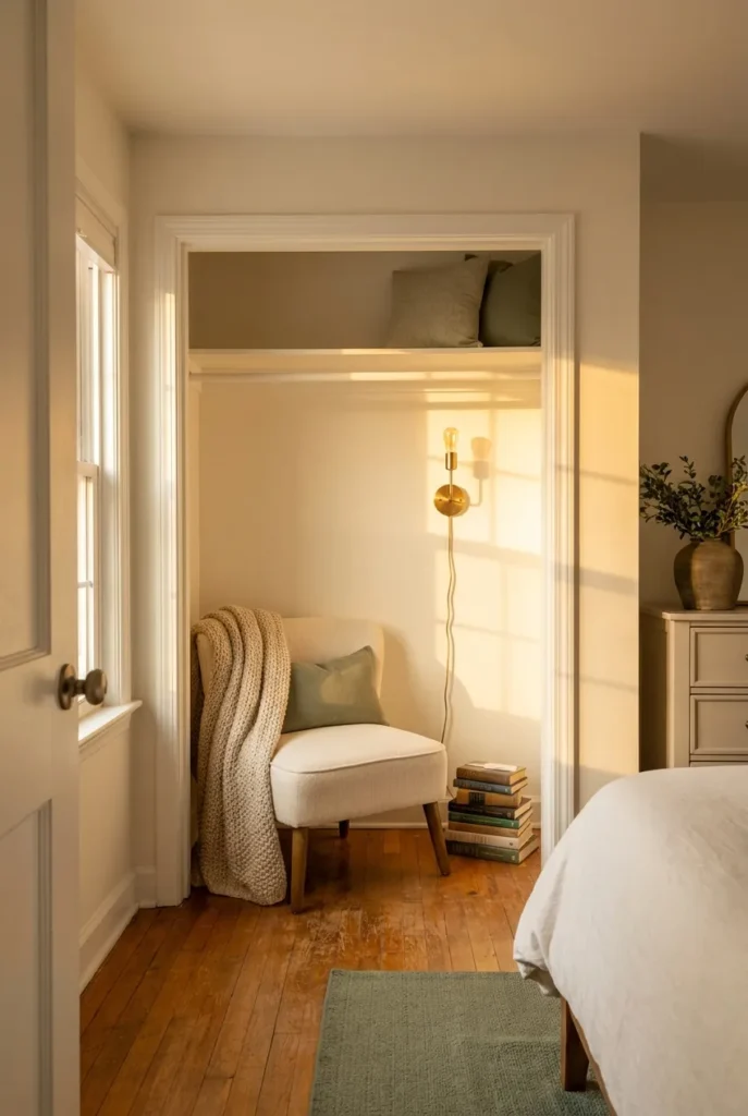 Reading nook small bedroom built inside an open closet alcove with slipper chair and brass sconce.