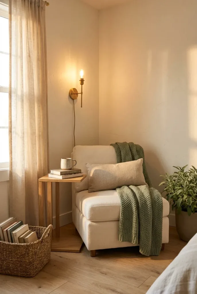 Complete reading nook small bedroom corner with slipper chair, brass sconce, oak side table, and woven basket.