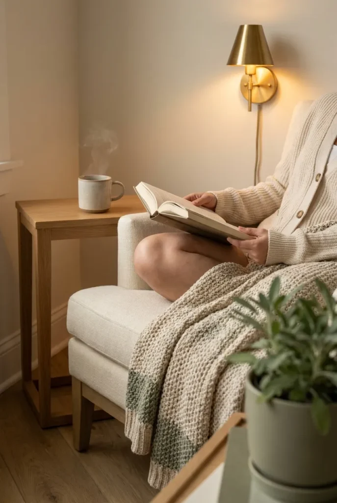 Reading nook small bedroom in use with a person reading in a corner chair under warm sconce light at golden hour.