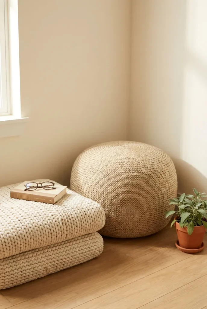 Reading nook small bedroom floor cushion setup with oat pouf and chunky knit cushion in cozy corner.