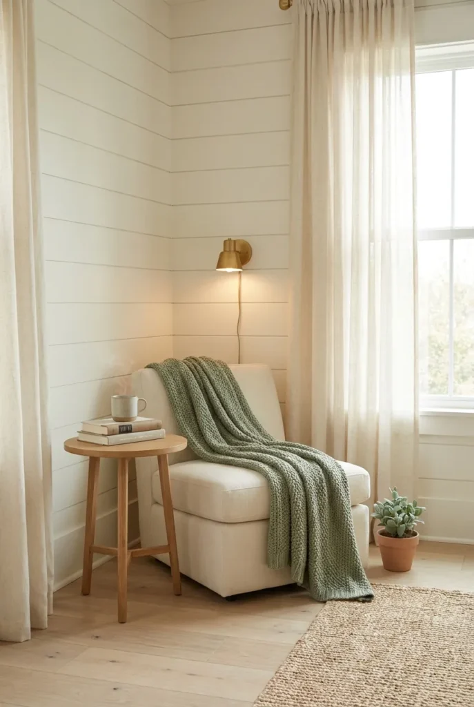 Reading nook small bedroom corner with cream slipper chair, knit throw, and oak side table in morning light.