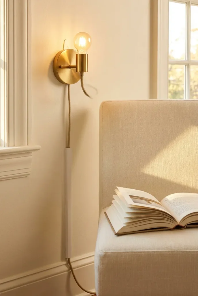Reading nook small bedroom lighting with plug-in brass sconce and warm bulb beside a slipper chair.