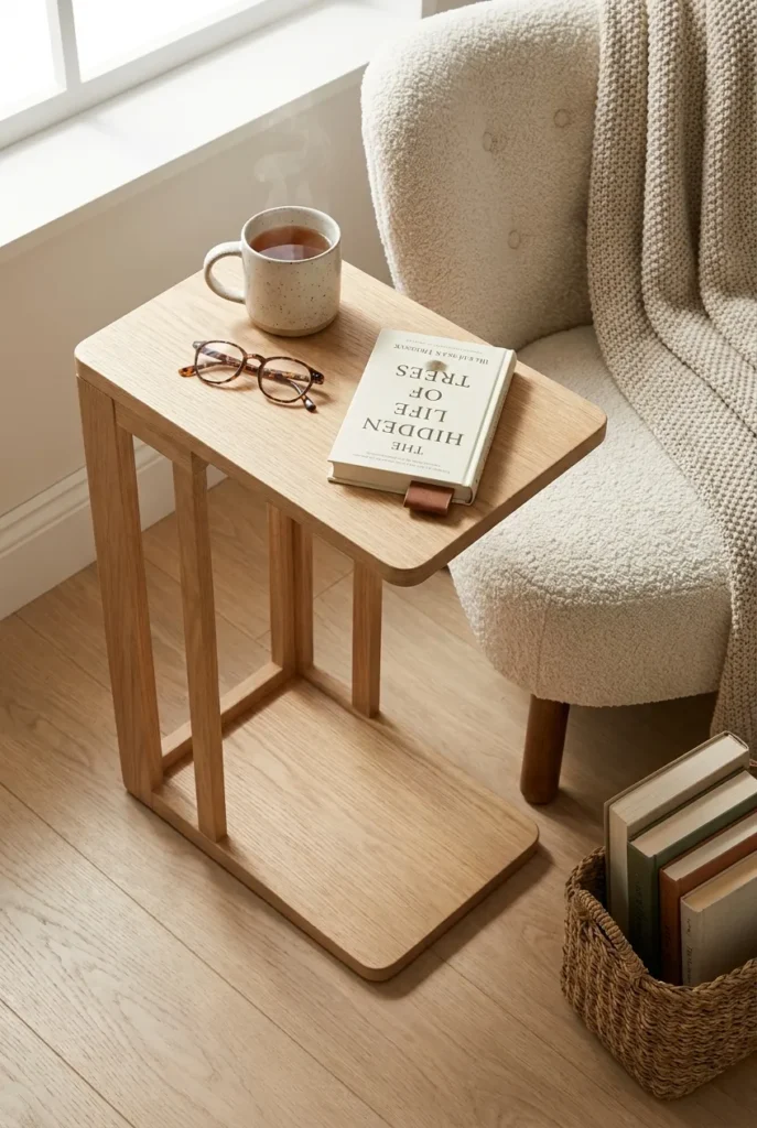 Reading nook small bedroom side table with mug, hardcover book, and reading glasses on slim oak C-table