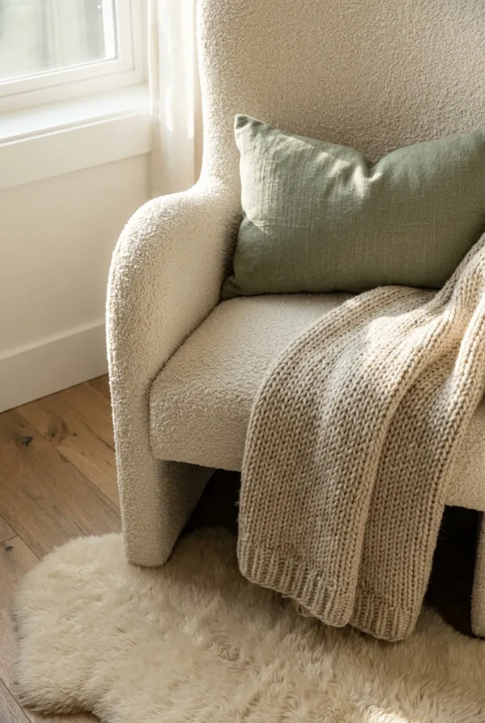 Reading nook small bedroom soft layer with cream slipper chair, oat knit throw, and sage lumbar pillow.