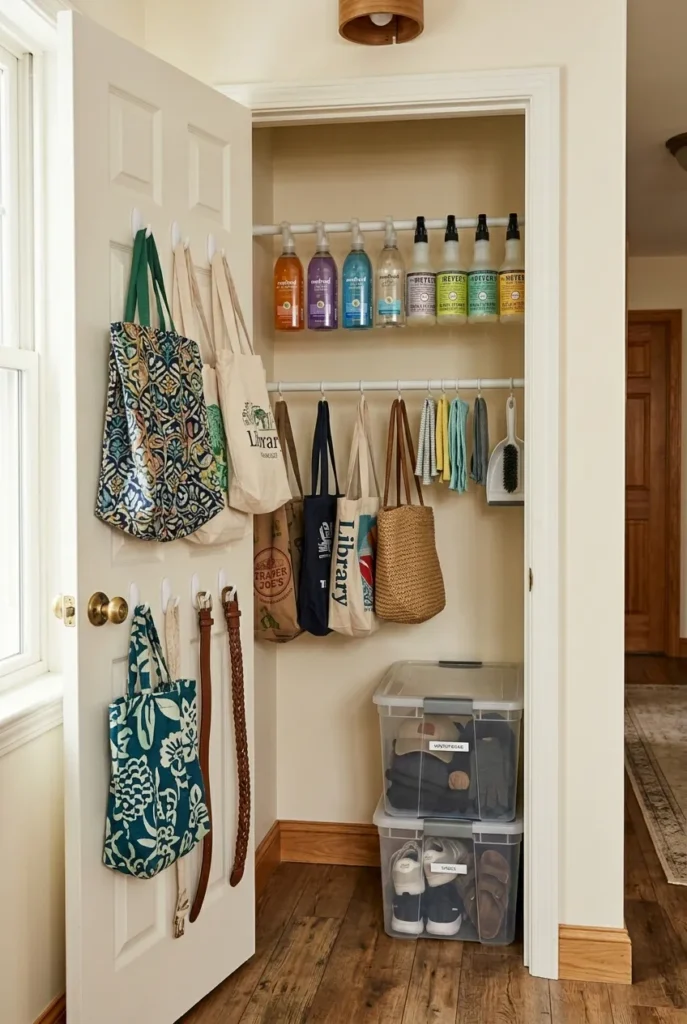 Rental friendly hallway closet organization with Command Hooks, tension rod and adhesive door hooks, no drilling.